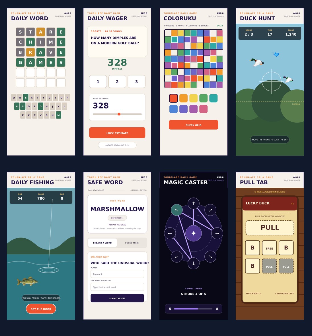 Representative screens from all eight Tourn.app daily games