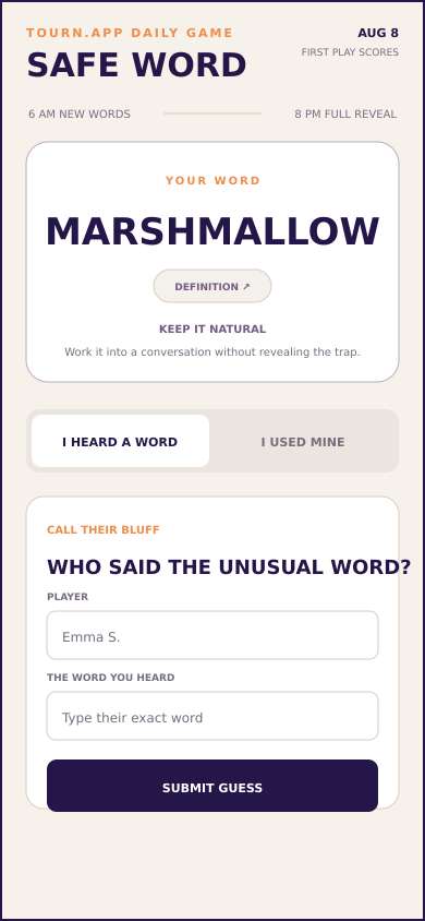 Safe Word gameplay screen in Tourn.app